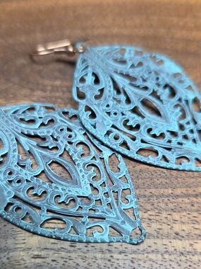 Turquoise Patina Filigree Leaf Drop Earrings